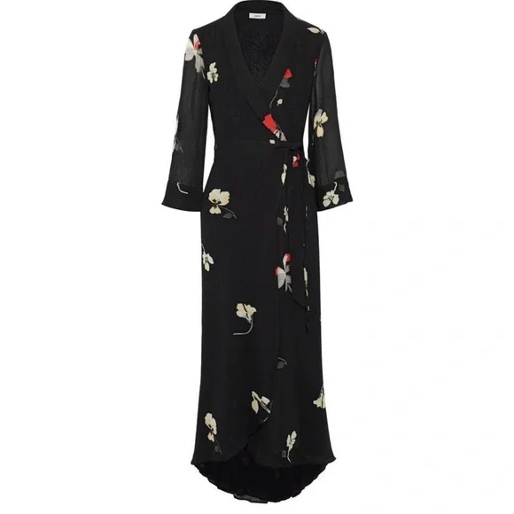 Ganni lorita georgette floral maxi dress 3/4 sleeve black, white and red flowers - Picture 2 of 13